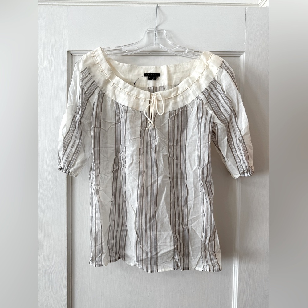 Theory | 100% Cotton Striped Peasant Blouse - Size S - Neutral Boho